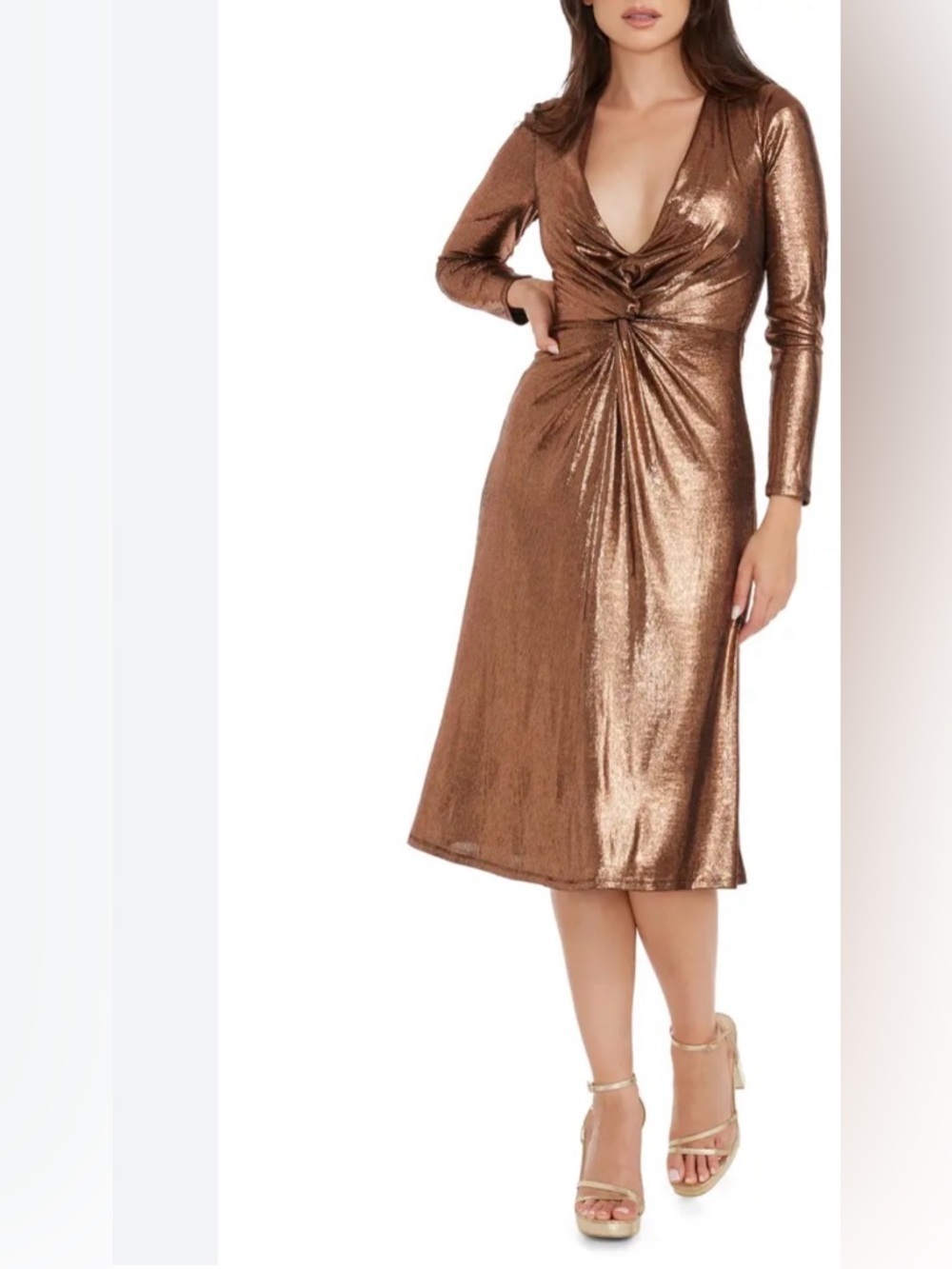 Dress the Population Metallic Copper Long Sleeve Twist Midi Dress